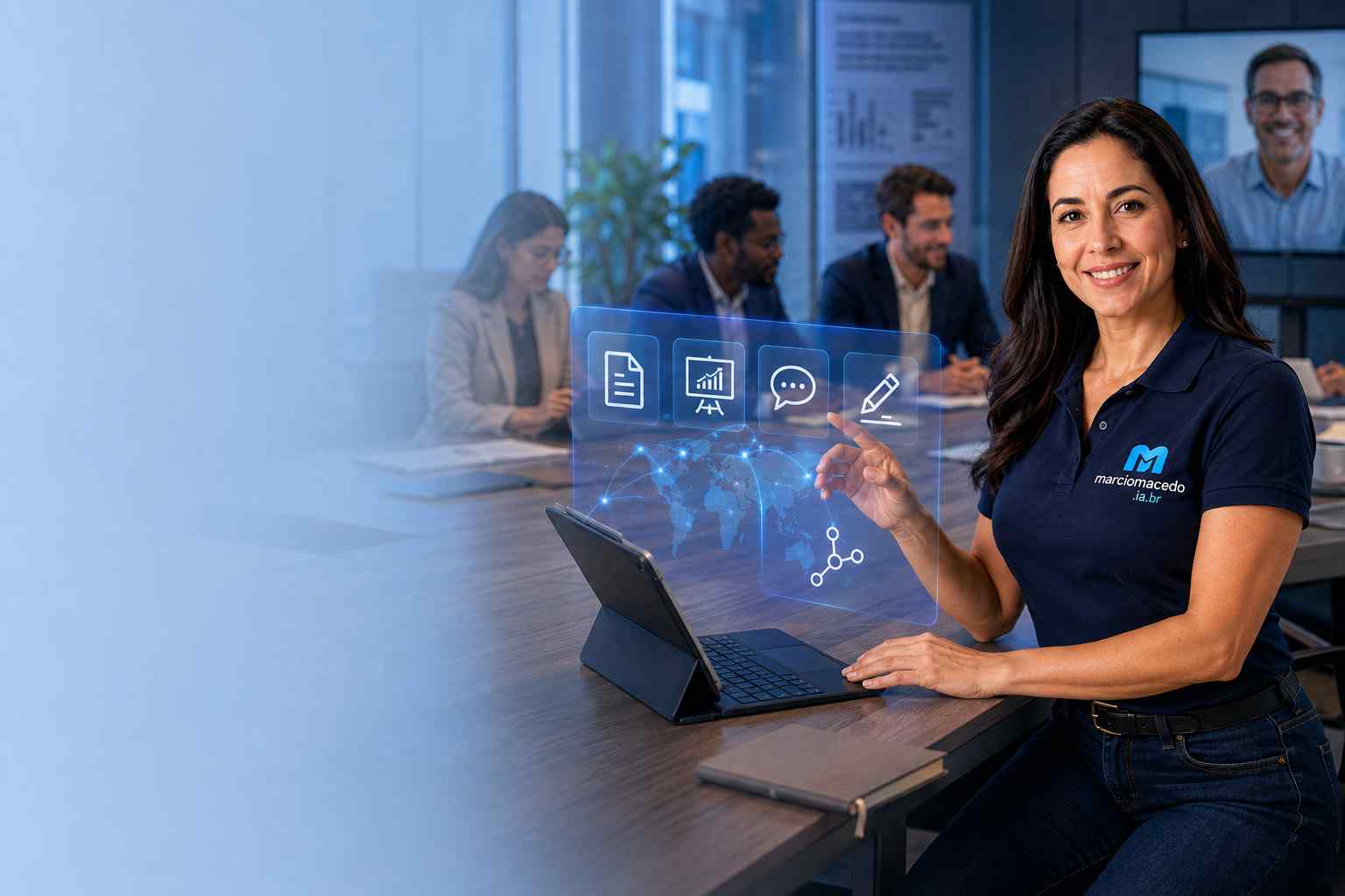 A presenter in a professional meeting room pointing to a panel with report, presentation and discussion icons, with a colleague joining by video call in the background.