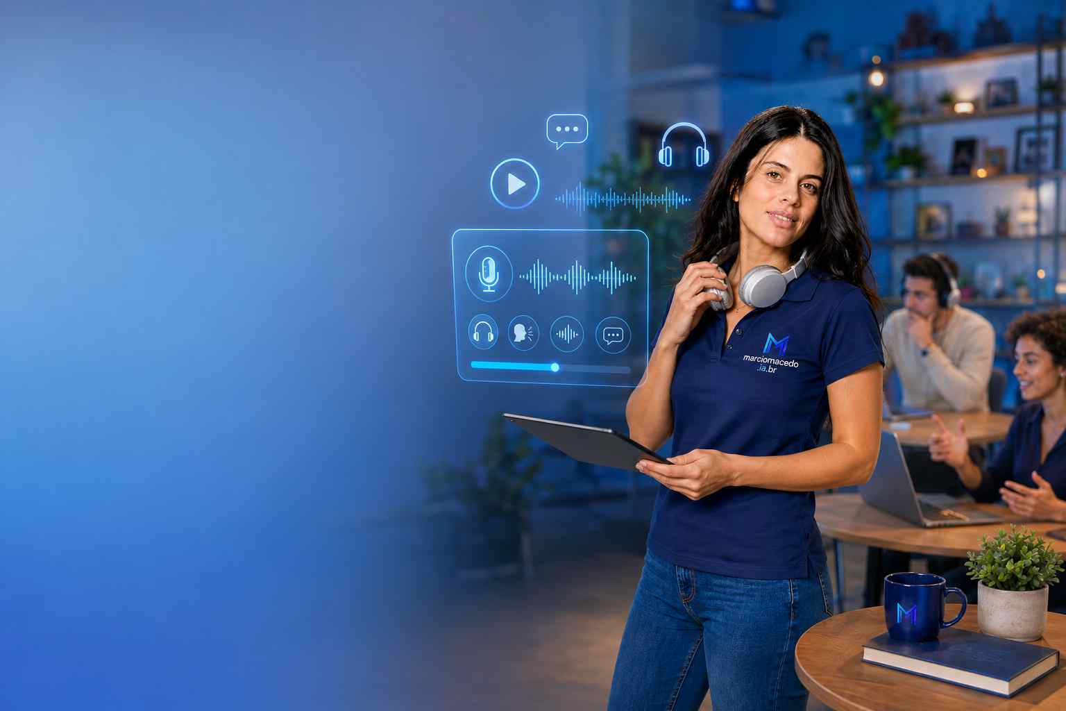 A presenter holding headphones around her neck next to a voice interface panel showing a microphone, waveform and playback controls.