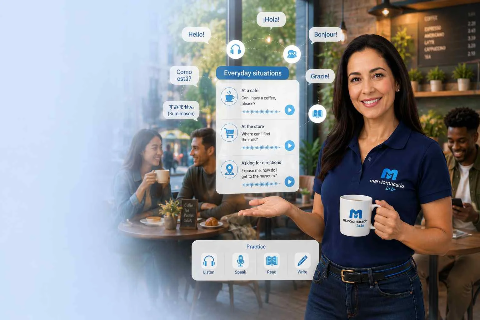 Everyday situations such as ordering at a café, shopping and asking for directions, shown on an interactive practice panel.