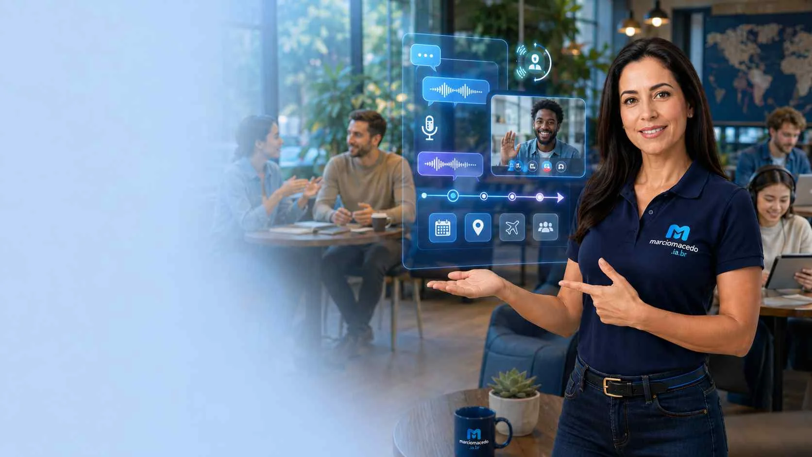A live video conversation alongside scheduling, travel and connection icons, representing real communication practice.