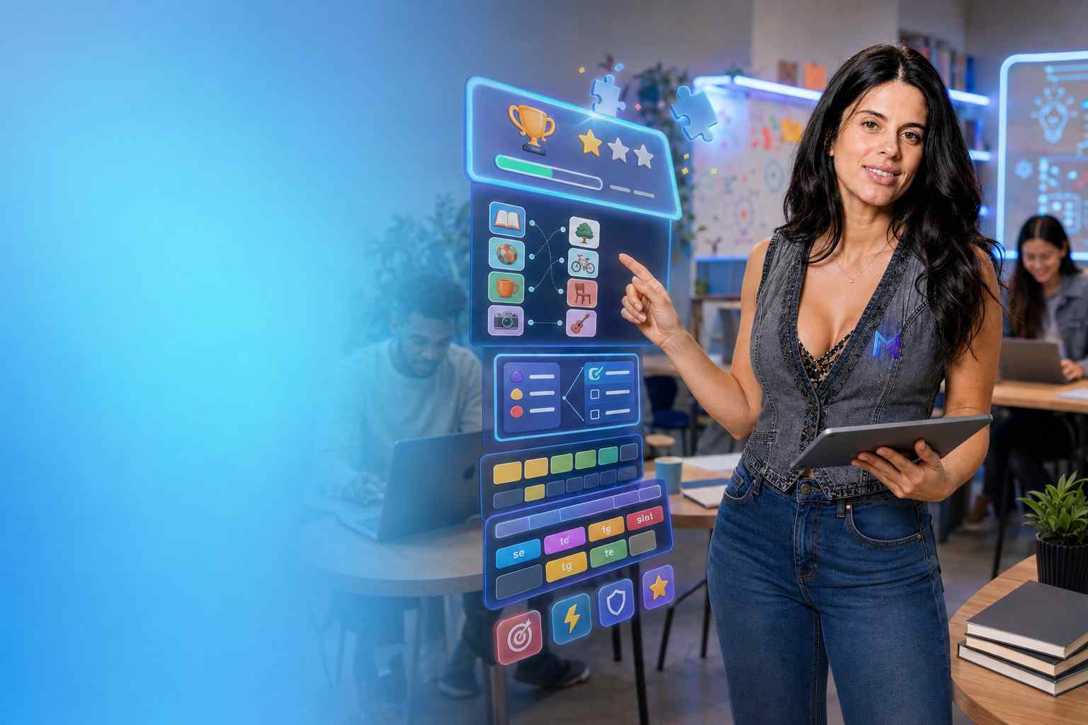A presenter pointing to a game panel with a trophy, stars, a word-matching puzzle and colorful letter tiles.