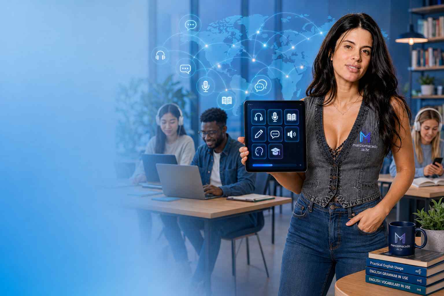 An AI language guide presenting a world map of connected speech, listening and reading icons on a tablet, next to learners studying in the background.