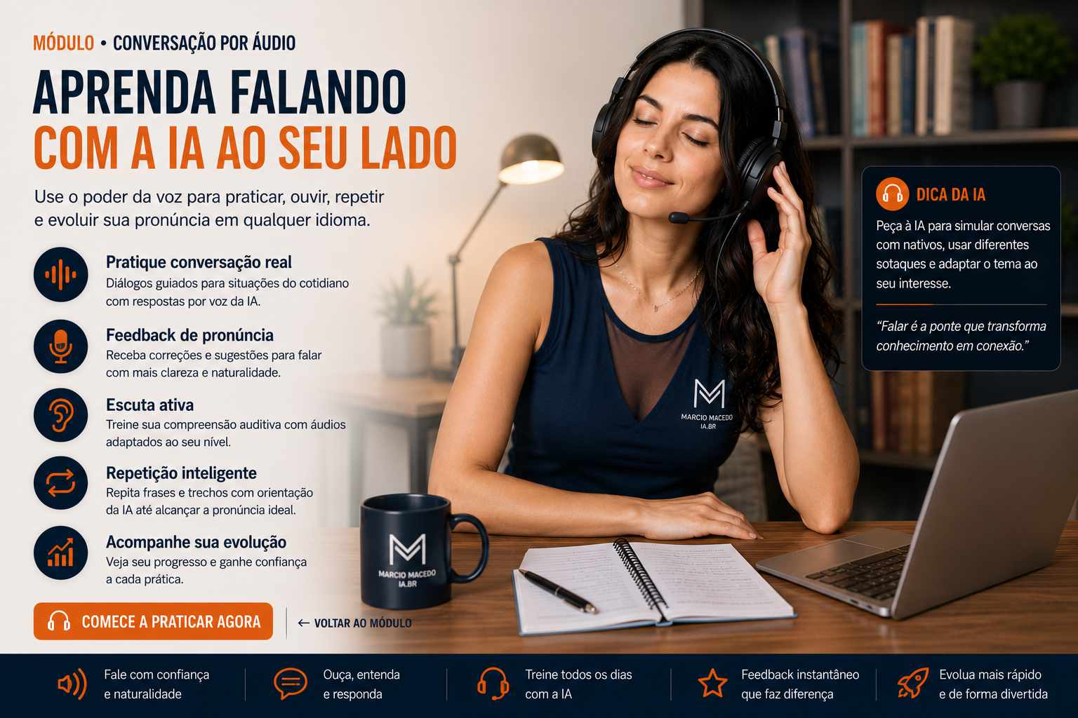 Estudante conversando em outro idioma com apoio de IA, nível intermediário