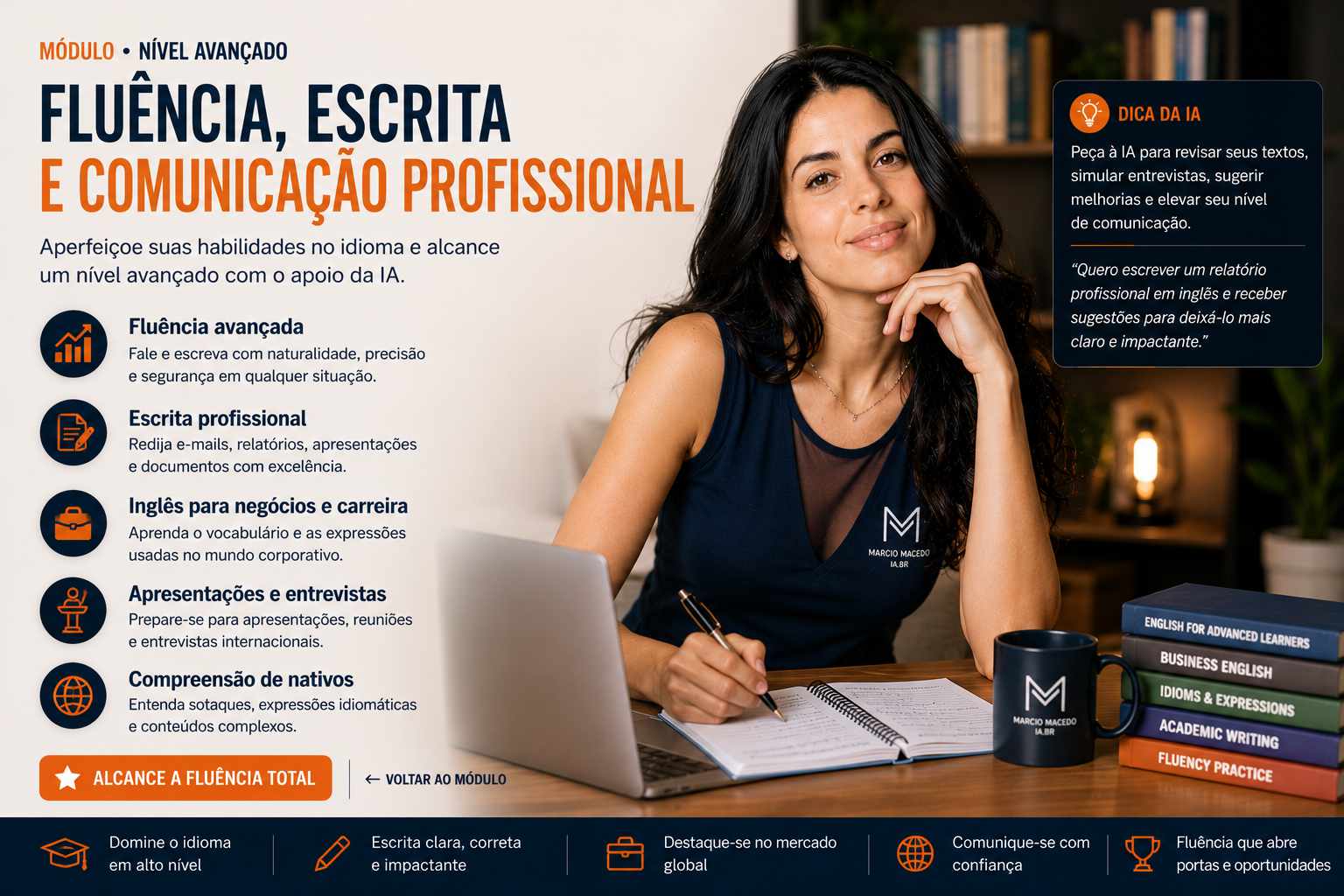 Estudante avançado escrevendo e treinando fluência em outro idioma com apoio de IA