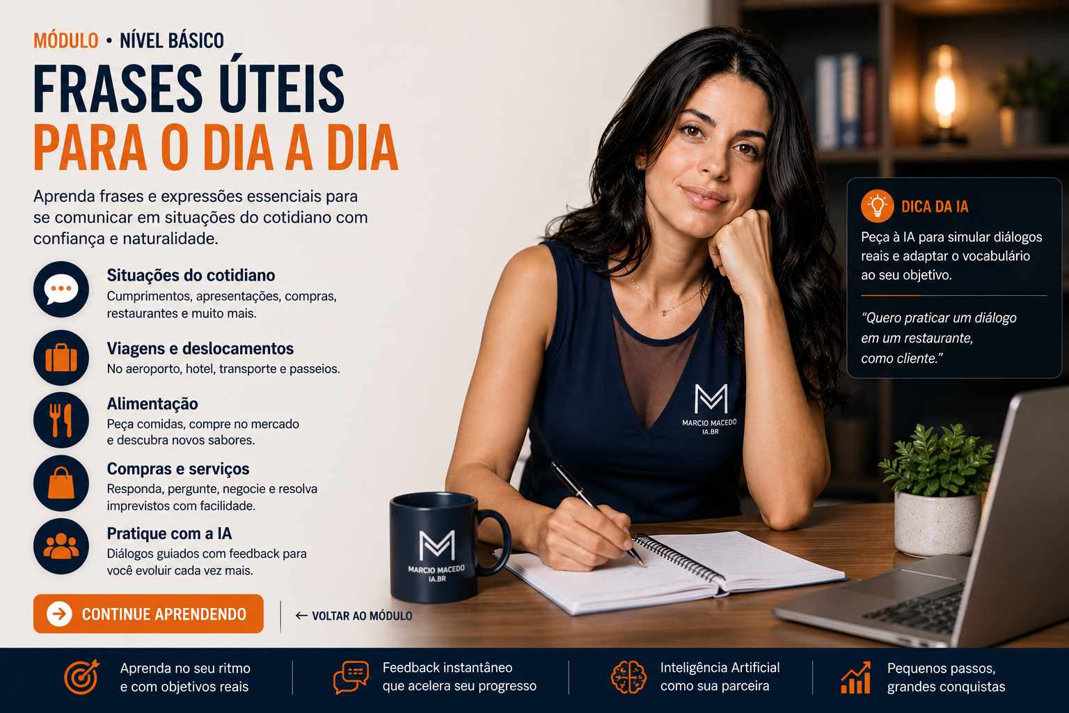 Estudante praticando frases úteis do cotidiano em outro idioma com apoio de IA