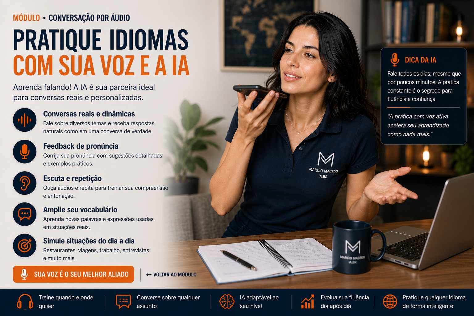 Estudante praticando pronúncia e conversação por voz com apoio de IA